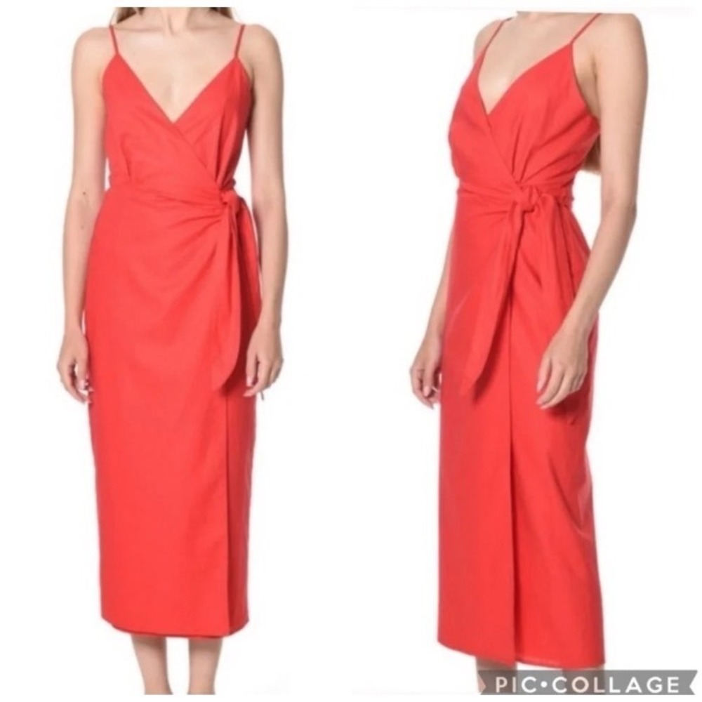 WAYF Red Linen Blend Electric Wrap Midi Dress Spaghetti Strap V-Neck Side Tie XS